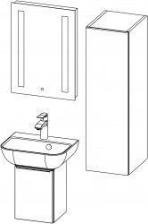 Sfera / kopalniški sestav I / 45 + 30 cm
- Omarica Sfera 45 z umivalnikom, 1 vratno krilo
- Ogledalo z integrirano lučjo 45, 2 traka
- Viseča omarica 30 